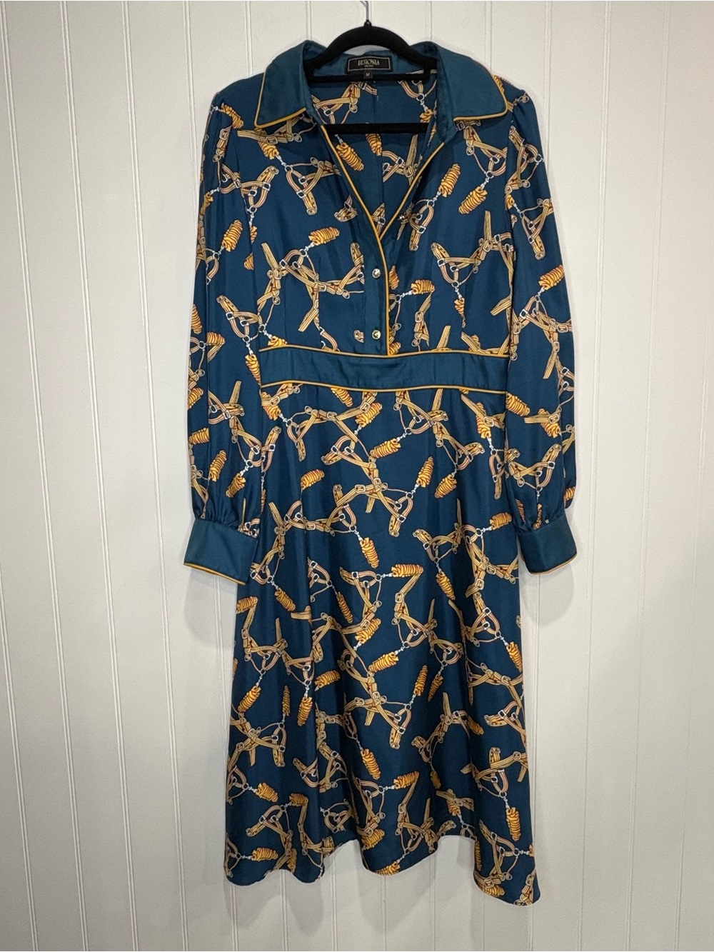 Besionia Milano 100%Mulberry Silk Bridle Print Equestrian Midi Dress Old Money M - Picture 3 of 11
